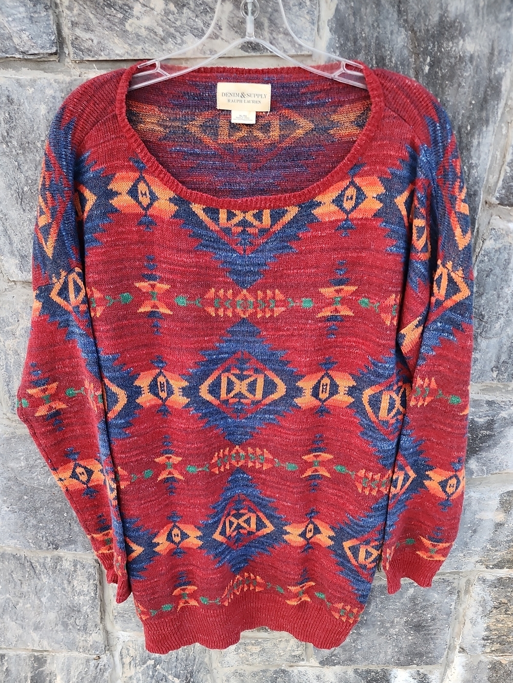 Denim & Supply Ralph Lauren Red Patterned Scoop Neck Sweater